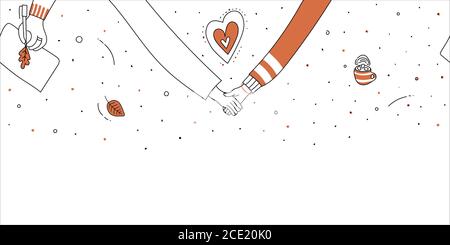 Herbst nahtlose horizontale romantische Grenze. Männliche und weibliche Hand halten zusammen, Herzen, orange Blätter, Hand zeichnet Eichenblatt auf Blatt, Tasse Kaffee Stock Vektor