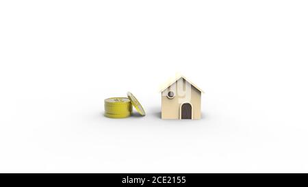 Hölzerne 3d-Home-Form, Gold-Dollar-Münzen Stack Schritt Wachstum und Copyspace für Ihren Text. Ideen Haus Konzept. Illustration isoliert Rendern mit weißem li Stockfoto