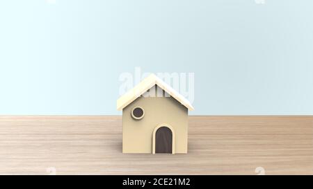 Wooden 3d Home Shape weiß auf Holztisch und Copyspace für Ihren Text. Ideen Haus Konzept. Illustration isoliert Rendern mit blauem Hintergrund. Stockfoto