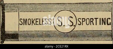 . Hardware Merchandising 1895 . AV . wasserdicht/ ^.^^ HAT KEINE GLEICH hoch. Geschwindigkeiten. Niedrige Drücke, Großer Bereich. Extra Gehärtet. Doppelt Wasserdicht. Zuverlässig. Sicher. Kein Glas. Harte Schläge. Schnell undStrong, mit perfekter Verbrennung. Das Lieblingspuder.die Wahl der Experten. Das Pulver der Pulver für das Klima. Alleinhersteller : THE SMOKELESS POWDER CO., LTD., Dashwood House, New Broad Street, London, England,Werke : Barwick, Herts.. VERSUCHE von ELEY BROS, und ROD & GUN. UNÜBERTROFFENE DATENSÄTZE. GESCHWINDIGKEITEN: Bei 2i/2 Yards, 1012 68 Fuß pro Sekunde. 43 87272 viel mehr als jedes andere Pulver – Ni Stockfoto