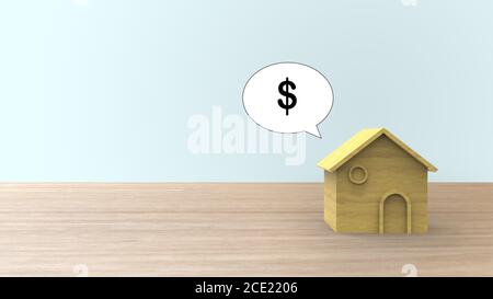 Hölzerne 3d-Home-Form mit Dollar-Symbol Geld auf Wolke markieren auf Holztisch und Copyspace für Ihren Text. Ideen Haus Konzept. Abbildung isoliertes Ende Stockfoto
