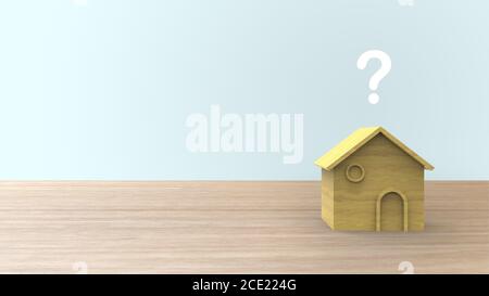Hölzerne 3d-Home-Form mit Fragezeichen auf Holztisch und Copyspace für Ihren Text. Ideen Haus Konzept. Illustration isoliert Rendern mit blauem Backgro Stockfoto