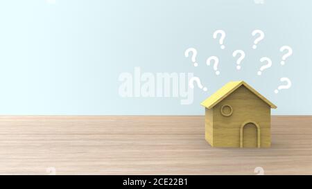 Hölzerne 3d-Home-Form mit Fragezeichen auf Holztisch und Copyspace für Ihren Text. Ideen Haus Konzept. Illustration isoliert Rendern mit blauem Backgro Stockfoto