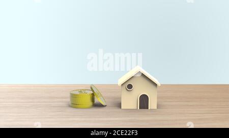 Holz 3d Home Form, Gold Dollar Münzen Stack Schritt auf Holz-Tisch und Copyspace für Ihren Text. Ideen Haus Konzept. Illustration isoliert rendern mit b Stockfoto