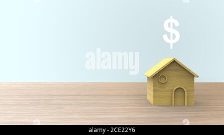 Hölzerne 3d-Home-Form mit Dollar-Symbol Geldmarke auf Holztisch und Copyspace für Ihren Text. Ideen Haus Konzept. Illustration isoliert rendern mit b Stockfoto