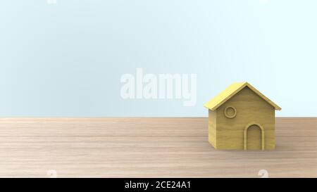 Wooden 3d Home Shape weiß auf Holztisch und Copyspace für Ihren Text. Ideen Haus Konzept. Illustration isoliert Rendern mit blauem Hintergrund. Stockfoto