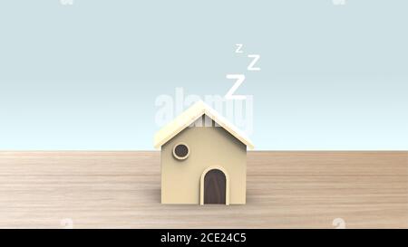 Hölzerne 3d Haus Schlafsaal Unterkunft Motel b & b Form mit vielen Z Schlafmarke auf Holztisch und Copyspace für Ihren Text. Ideen Haus Konzept. Illustra Stockfoto