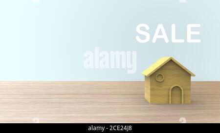 Holz 3d Home Form mit Verkauf Wort weiß auf Holz Tisch und Copyspace für Ihren Text. Ideen Haus Konzept. Illustration isoliert Rendern mit blauem Hintergrund Stockfoto