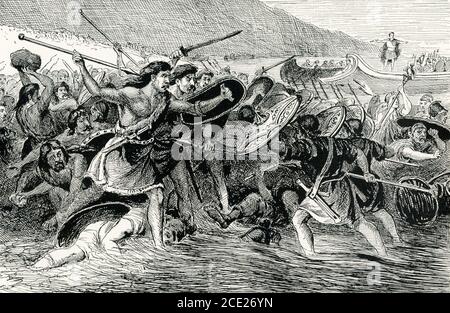 Caesar Landing in Großbritannien. Julius Caesar trug römische Waffen in wilde Regionen, in die sie noch nie eingedrungen waren. Die erste historische Notiz, die wir von Großbritannien haben, ist die, in der Caesar selbst von seiner Invasion dort in 55 B.C. erzählt.die wilden Stämme stürmten hinunter zum Ufer, um seinen Soldaten zu treffen, und aufgeladen sogar heraus ins Wasser mit Speeren und Knüppeln, Oder barbarehand kommend, ergriff Felsen und schleuderte sie auf die Eindringlinge. Der verzweifelte, aber unorganisierte Widerstand, den er überall traf, verhinderte Caesar, dass er eine dauerhafte Eroberung der tapferen Inselbewohner machte. Stockfoto