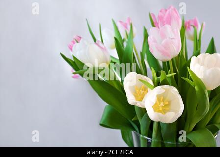Bouquet von zarten weißen und rosa Tulpen in Vase auf verschwommenem hellen Hintergrund, Stillleben, Kopierraum Stockfoto