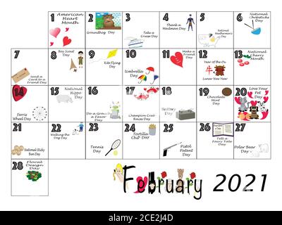 Februar Monatskalender illustriert und mit täglichen schrulligen Feiertage und Ungewöhnliche Feiern mit Sonntag Anfang Woche beschriftet. Stockfoto