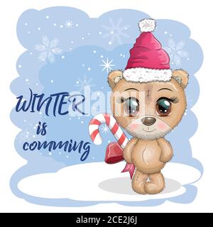 Niedlichen Cartoon-Bär mit großen Augen in einem Weihnachtshut, die Inschrift Winter kommt, Grußkarte, Neujahr Stock Vektor