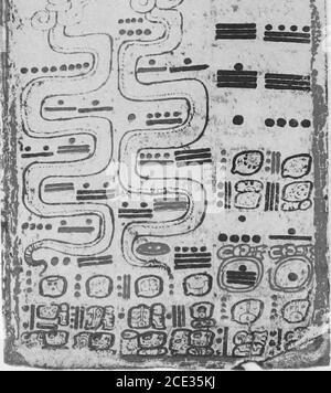 . Eine Einführung in das Studium der Maya Hieroglyphen. SEITE 62 DES DRESDNER CODEX, MIT den THERPENT-NUMMERN MOBLET] EINFÜHRUNG IN DAS STUDIUM DER MAYA-HIEROGLYPHEN 273 9.9.9.16.0 oder 9.9.16.0.0 als zeitgemäßes Datum der Manu-Schrift würde der Schriftsteller aus historischen Gründen lieber glauben, Das heute als Dresdner Codex bekannte Manuskript ist eine Abschrift eines früheren Manuskripts, und das vorliegende Exemplar stammt aus der laterMaya-Zeit in Yucatan, allerdings irgendwann bevor entweder Nahuatl oder kastilische Akkulturation begonnen hatte. Texte Aufnahme Serpentnummern der Dresdner Codex enthält eine andere Klasse Stockfoto