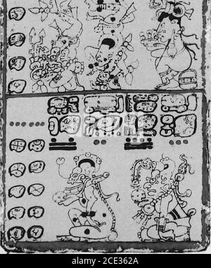 . Eine Einführung in das Studium der Maya Hieroglyphen. SEITE 15 DES DRESDNER CODEX, SHOWING-j-QMA^i flMATiB 261 ALLE DREI DIVISIONEN MOELBT] INTEODUCTION TO STUDY OP MAYA HIEROGLYPHEN   found to be 5 Ahau, and we may Supply a Red bar above the columnof the day signs. Wenn man die nächste schwarze Zahl, 18, zu diesem Tag13 IX addiert, wird der Anfangstag der nächsten Division 5 EB sein, was als zweites Tageszeichen in der Spalte der Tageszeichen erscheint. , die letzte rote Zahl ist 5 und stellt damit unsere Wiederherstellung einer roten 5 über der Tageszeichen-Säule als korrekt fest. Von hier aus presen diese tona-lamatl Stockfoto