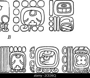 . Eine Einführung in das Studium der Maya Hieroglyphen. Abb. 84. Texte, die tatsächliche Fehler in den Originalen zeigen: A, Sturz, Yaxchilan; i?, Altar Q, Copan; C,Stela 23, Naranjo. Tatsächliche Fehler in den Originalen, Fehler aufgrund der Unachtsamkeit oder Übersehung der alten Schreiber. Fehler in den ursprünglichen Texten können in zwei allgemeine Klassen unterteilt werden: (1) diejenigen, die durch Inspektion aufgedeckt werden, und (2) diejenigen, die nicht erscheinen, bis nach der angegebenen Berechnungen wurden madeand the results fail to agree with the glyphs recorded. Ein Beispiel für die erste Klasse ist in Abbildung 84, A DARGESTELLT Stockfoto