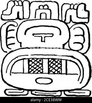 . Eine Einführung in das Studium der Maya-Hieroglyphen . auf Seite 97 erachtete, sind die Kopfe für 1 und 8 sehr ähnlich und sind nur durch ihre Stirnschmuck voneinander zu unterscheiden, wobei die erstere ein Vorderkopfornament hat, das aus mehr als einem Teil besteht, wie in A3, Und die lattera Stirnschmuck aus nur einem Teil, wie hier in A4. Dieser Kopf ist außerdem dem Kopf für 8 in Abbildung 52 a-f sehr ähnlich; tatsächlich ist der einzige Unterschied, dass der erstere einen fleischlosen Unterkiefer hat. Dies ist das wesentliche Element des Kopfes für 10 (siehe S. 100), wenn es für jede andere Zahl i auf den Kopf angewendet wird Stockfoto