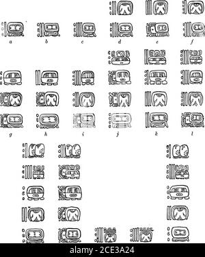 . Eine Einführung in das Studium der Maya Hieroglyphen. Zyklus 1 Abb. 55. Beispiele für die Verwendung von Kopf-Varianten-Ziffern mit Punkt-, Tag- oder Monatszeichen. Die Übersetzung jeder Glyphe erscheint darunter. Zahlen, die zweite konnte nur durch normale Formen ausgedrückt werden, Thatis, Balken- und Punktzahlen. Dies ermöglicht es uns, einen Vergleich zwischen diesen beiden Formen von Maya-Zahlen zu zeichnen: Kopf-Variant-Zahlen kommen nie unabhängig vor, sondern sind immer auf ein Punkt-, Tag- oder Monatszeichen fixiert. Balken- und Punktzählen stehen dagegen häufig in den Kodizesunangehängt an anderen Zeichen für sich. In einem solchen c Stockfoto