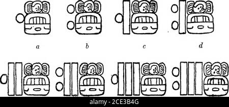 . Eine Einführung in das Studium der Maya Hieroglyphen. Abb. 41. Beispiele für Balken und Punkt nxuneral 5, die die Ornamentik zeigen, die der Balken unterwägt, ohne seinen Zahlenwert zu beeinflussen. Orte, an denen diese Zahlen (1, 2, 6, 7, 11, 12, 16 und 17) entstellt werden mussten, wurden andere Elemente eines rein ornamentalen Charakters eingeführt, um die leeren Räume zu füllen. In Abbildung 43, a, c, e, g wurden die Raumanzüge auf jeder Seite des einzelnen Punktes mit ornamentalem cres- % BtrREAtJ von AMERICAN BTHNCLOGY [bcll. 37 Cents über die Größe des Punktes, und diese geben der Glyphe in jedem Fall eine einale Note von Balanc Stockfoto