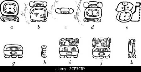 . Eine Einführung in das Studium der Maya Hieroglyphen. Abb. 13), jedes von whicli hat im.asits letzte Silbe. Auch hier wird der phonetische Wert tun durch die Glyphe in g ausgedrückt, und der Ton ca (c hard) durch das Zeichen h. Der Ton TcaMnis rejpresented by the character in i, a combination of these two.Manchmal nimmt die Glyphe für diesen gleichen Klang die Form von j, das Fischelement in IC ersetzt das kämmartige Element h. Weit davon entfernt, den phonetischen Charakter dieser zusammengesetzten Glyphe zu zerstören, stärkt diese Variante Ti in Wirklichkeit sie, da in Maya das Wort für Fisch iscay (c hard) und con Stockfoto