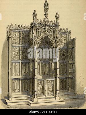 . Catalog des collections Compositant le Musée Royal d'antiquités d'armures et d'artillerie (Bruxelles) . B. 22 – Chaire de vérité, fin du xve siècle.Alseniberg ^Brabant). Armoiries sculptéessur les panneaux sont celles de Gérard Van der Schaeft,élu, le 23 août 1501, abbé de labbaye dAverbode, etmort le 20 juillet 1532, ou bien celles de son Cousin et et 14 DEUXIÈME SECTION. - i PARTIE. Successeur immédiat, Denis Van der Schaeft, mort le4 Mai 1541.. B. 23. - Cunfessioiiiial, style des xve et xvie siècles. Averbode (Brabait, MOYEN ALTER. – RENAISSANCE, ETC. 15 Daprès les renseignements recueillis Stockfoto