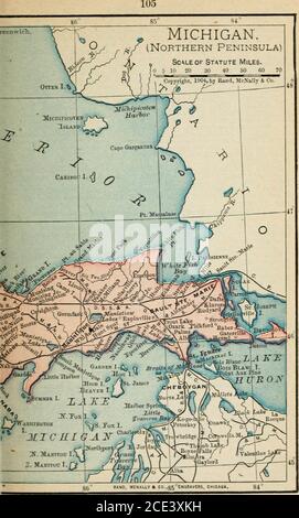 . Rand McNally Taschenatlas der Welt : historisch, politisch, kommerziell . 106 USA. Eisenbahn, etc. – erste Eisenbahn gechartert 1832. Michigan Centralcompleted, Detroit to Ypslanti, 1838 Meilen in Betrieb. 1840. 59; i860,779; 1870, 1,638; 1880, 8,988; 1890. 7,108; 1900. Juli 8,195.18. Sault KTE.Marie Kanal, über 1 Meile lang, 100 Fuß breit, 21 Fuß tief, begonnen 1853; erste verwendet 1855; Erweiterungen wurden in lsk^i und in 18 o.. Bildung, etc. – Öffentliche Schuleinschreibung, 1899, 198,665; privat,15,568; Ausgaben, s6.539,146; Schulalter. 5-30; obligatorisch, 7-15; Lehrbücher eingerichtet. Ed Stockfoto