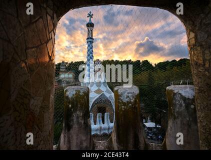 Park Guell Haus bei Sonnenuntergang, in Barcelona Spanien Stockfoto