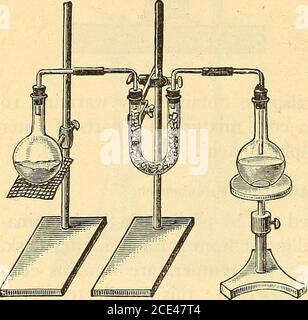 . Praktische Methoden der organischen Chemie . s mitgeführt. Verfahren Sie als fol-tief : 5 Gramm roter Phos-Phorus werden bis zu einem Pastemit 2 c.c. einer Wasserlösung von Hydriodsäure gerieben, oder, falls diese nicht verfügbar ist, mit so wenig Wasser wie möglich (i c.c. bei ihnen). In diesem wird Glassperlen, oder Bits von gebrochenem Glas, die auf Rühren um in der Mischung mit der Paste bedeckt werden platziert. Sie werden dann auf ein U-Rohr übertragen. Zur Vorbereitung der Wasserlösung der Hydriodsäure wird das aus dem U-Tubee ausgegebene Gas in 45 cc Wasser geleitet (siehe Abb. L 86, S. Die Glasröhre ist notimmer Stockfoto