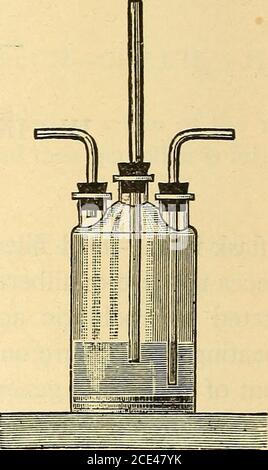 . Praktische Methoden der organischen Chemie . Abb. 82. Abb. 83. Sicherheitswaschflasche (Abb. 83) ; dieser wird immer verwendet, sonst kann bei unregelmäßigem Gasstrom die zu sättigende Flüssigkeit leicht in die Waschflasche und dann in die erzeugende Mischung zurückgeführt werden. Anstelle einer WoulrT-Flasche mit drei tubu-Ködern kann eine Einhalswaschflasche wie folgt in eine Sicherheitsflasche umgewandelt werden (siehe Abb. 84) : in einen zwei-Loch-Korken ein gerades Rohr so weit wie möglich; durch diesen Einsatz ein schmales Lieferrohr, rechtwinklig gebogen, das fast bis zum Boden der Flasche reicht. Die l Stockfoto