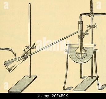 . Praktische Methoden der organischen Chemie . A-- Abb. 19. Anstelle des Kolben b kann ein Saugkolben verwendet werden, wie er bei der Filterung unter Druck Anwendung findet (Abb. L 20, S. Aber diese Art von Kolben wird nur verwendet, wenn niedrig kochende Substanzen zu destillieren sind, da der Kontakt von zu heißen Flüssigkeiten mit den dicken Wandsquins sie leicht zu knacken : Dies ist wahrscheinlich sehr destruktivein Vakuum Destillation zu beweisen. Bei kocharmen Substanzen, um die Dämpfe vollständig kondensieren zu können, wird der Mantel eines Liebigkondensators, durch den Wasser fließen darf, über dem Auslaufrohr des angebracht Stockfoto