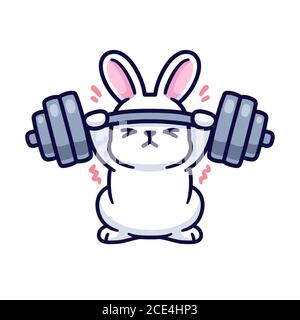 Gym Bunny, niedlichen Cartoon weißen Kaninchen Heben schwere Langhantel. Lustige Fitness und Übung Zeichnung, isolierte Vektor-Illustration. Stock Vektor