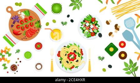 Bild von Pasta, Salat und verschiedenen Zutaten Vektor-Illustration in einem flachen Design. Stock Vektor