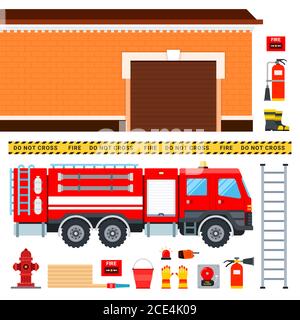 Set von Feuerwehrauto, Feuerwehrmann Outfit und Garage Vektor Illustration in einem flachen Design. Stock Vektor