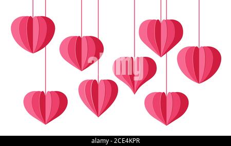 Rosa Herz Papier geschnitten 3d-Effekt Hintergrund. Valentinstag, Liebesromantik Symbol, dekoratives Element für Hochzeit Einladungskarte. Origami Herzen, gefaltete chinesische Laterne. Isolierte Vektordarstellung Stock Vektor