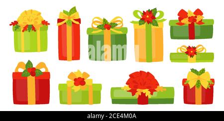 Geschenkbox weihnachten flat set. Cartoon-Boxen verschiedene Formen mit poinsettia, Stechpalme, Band Bögen. Urlaub traditionelle bunte Geschenke. Designkollektion für das neue Jahr. Vektorgrafik Stock Vektor