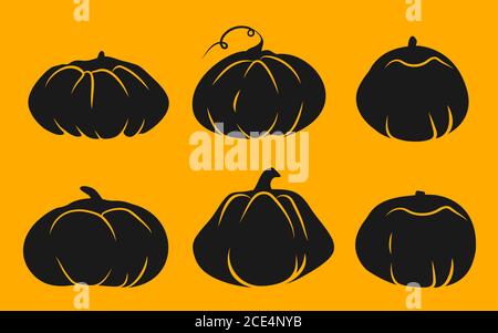 Glyph icons set of Autumn pumpkin with white line. Symbol Thanksgiving and Halloween of holiday in october. Simple black silhouette squash.Template different shape gourd.Isolated vector illustration Stock Vektor