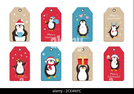 Pinguin Weihnachten Label Cartoon-Set. Niedliche Sticker flach Hand gezeichnet Pinguine Tags Sammlung. Lächeln Sie glücklich Neujahr Charakter mit santa Hut Girlande, Geschenk Glocke, Tasse. Isolierte Vektordarstellung Stock Vektor