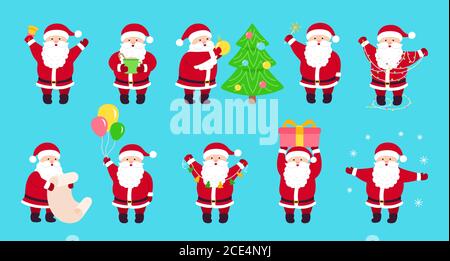 Weihnachtsmann Weihnachten flache Cartoon-Set. Verschiedene weihnachtsmann Neujahr Objekte. Sammlung lustige glückliche Charakter mit weihnachtsbaum, Geschenk und Girlande, Ballons oder Liste. Vektorgrafik, blauer Hintergrund Stock Vektor
