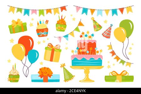 Geburtstagsfeier Elemente gesetzt. Bunte Luftballons, flaches Festessen und Süßigkeiten. Cartoon Geschenk Kuchen, Kerze, Geschenkbox, Cupcake. Party Design Elemente, Ballons und Süßigkeiten, Dessert. Isolierter Vektor Stock Vektor