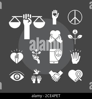 Menschenrechtstag, Linie Symbole Set Design, enthalten Herzen Yin Yang Frieden Gesetz Hände Vektor-Illustration Stock Vektor