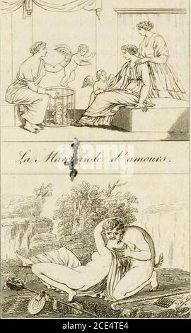 . Lettres sur l'Italie, écrites en 1785 . ; quelques - uns ^^ on lisait cette inscripîion sur le piédestal dela Statue équestre de Louis XIA^ à Moutpellier:sur la Place du Peyrou. 1C)2 LETTRES pour des fantaisies de limaginalionchinoise. Jai remarqué un Petit cliariot traînépar deux abeilles : un papillon est assissur le siège en cocher ; il tient les rênes ,avec ses pattes. Je ai remarqué un autre, traîné parun perroquet, et guidé par une cigale.UN troisième chargé dune aiguièreentrelacée de Roses , et conduit par deuxpetites sirènes. Le pinceau a très heureusement réa-lisé ces jolis rêves. Stockfoto