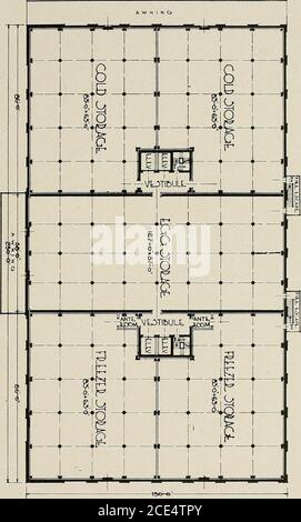 . Verpackungshaus und Kühllager Konstruktion; Ein allgemeines Nachschlagewerk über die Planung, den Bau und die Ausrüstung der modernen amerikanischen Fleischverpackungsanlagen, mit besonderem Bezug auf die Anforderungen der Regierung der Vereinigten Staaten und eine vollständige Abhandlung über die Gestaltung der Kühllageranlagen, einschließlich der Kälte-, Isolations- und Kostendaten .. . Sie halten eine gleichmäßige Temperatur entlang der Ostwand des Mittelabschnitts während des Winters.Diese Schwierigkeit ist nur bei schweren Windstürmenund einer frostigen Temperatur vorhanden. Die Kälte dringt in die Räume ein und macht es notwendig Stockfoto