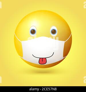 Emoji-Emoticon mit medizinischer Maske im Gesicht. Lächelnder Mund mit Zunge, die auf einer Maske aufgehängt ist. Stock Vektor