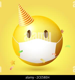 Emoji-Emoticon mit medizinischer Maske im Gesicht. Emoji-Symbol im Partyhut. Konfetti schwebt um ihn herum. Vektor-3d-Illustration auf gelbem Hintergrund isoliert Stock Vektor