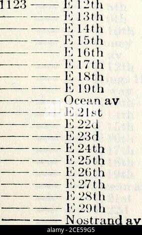 . Trow Firmenverzeichnis des Bezirks Queens, Stadt New York. Auch Wohnverzeichnis von Flushing, Jamaika, Long Island City und Richmond Hill . E24. 10 20. 10 29. Nostrand AV E31. 10 32d 10 33d E34. E35. 10 30. Flatbush AV * * * Troy AV – Flatlands AV 10 45. ? 1 Monat Schenectady AV 10 48th E.49th STREET AND AVENUE – BOROUGH OF BROOKLYN. Utica AV Perit E53d E54. E55. 10 56. --- i7ih 10 58. -? E59«h Ralph AV 10 67. 10 68. 10. – JO 70Hi 10 71. 10 72(1 10 73d 10 71. 10 75. Paarrlegat AV 10 77. 10 78. 10 79. JO 80. 10. 10 82d E83d 10 81. 10 85. JO 80t Stockfoto