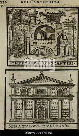 . Le cose maravigliose dell'alma Citta di Roma : anfiteatro del mondo . THERM^X... DIOCLETTANAE. Aggitmtadt Pro/pero Varijio, Lì caualli erano nelle Therme di Coftantino à mon-te cauallo, furono da Papa Siilo V. facci reftaurare, & po^i podi à profettiua poco difcoflo doue cràno prima laidfcrittione dice-^* Siftus V. Pont. Max. Signia Alexandri Magni^ - CekbnTque eius bucefaliEx antiquitatis teftimonioPhidia? è Grajtia Adueda fuifque in Thermis . Quirinali monte collocataTemporis vi deformata CarceraqueAd eiufdem Imp. Mcmoriam VR Stockfoto