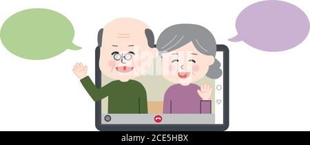 Opa und Oma mit einem Videoanruf auf Tablet oder Laptop. Vektordarstellung mit Sprechblasen isoliert auf weißem Hintergrund. Stock Vektor