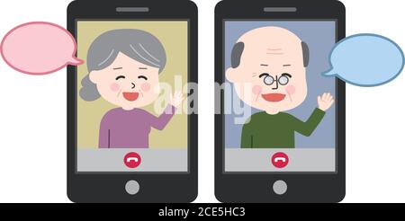 Opa und Oma mit einem Videoanruf auf Tablet oder Smartphone. Vektordarstellung mit Sprechblasen isoliert auf weißem Hintergrund. Stock Vektor