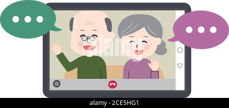 Ein älteres Paar, das einen Videoanruf auf einem Tablet oder Laptop hat. Vektordarstellung mit Sprechblasen isoliert auf weißem Hintergrund. Stock Vektor