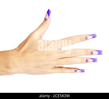 Hand mit blauen französisch Acryl Nägel Maniküre und Malerei Stockfoto