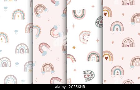 Trendige Regenbogen im Boho-Stil in verschiedenen Farben. Satz von nahtlosen Vektormustern. Kinder Illustrationen für Feiertage. Doodle Art Elemente. Design für Stock Vektor